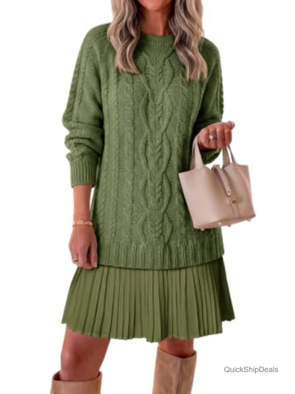 Cable Knit Sweater Dress Pleated Long Sleeve Crewneck Mini
